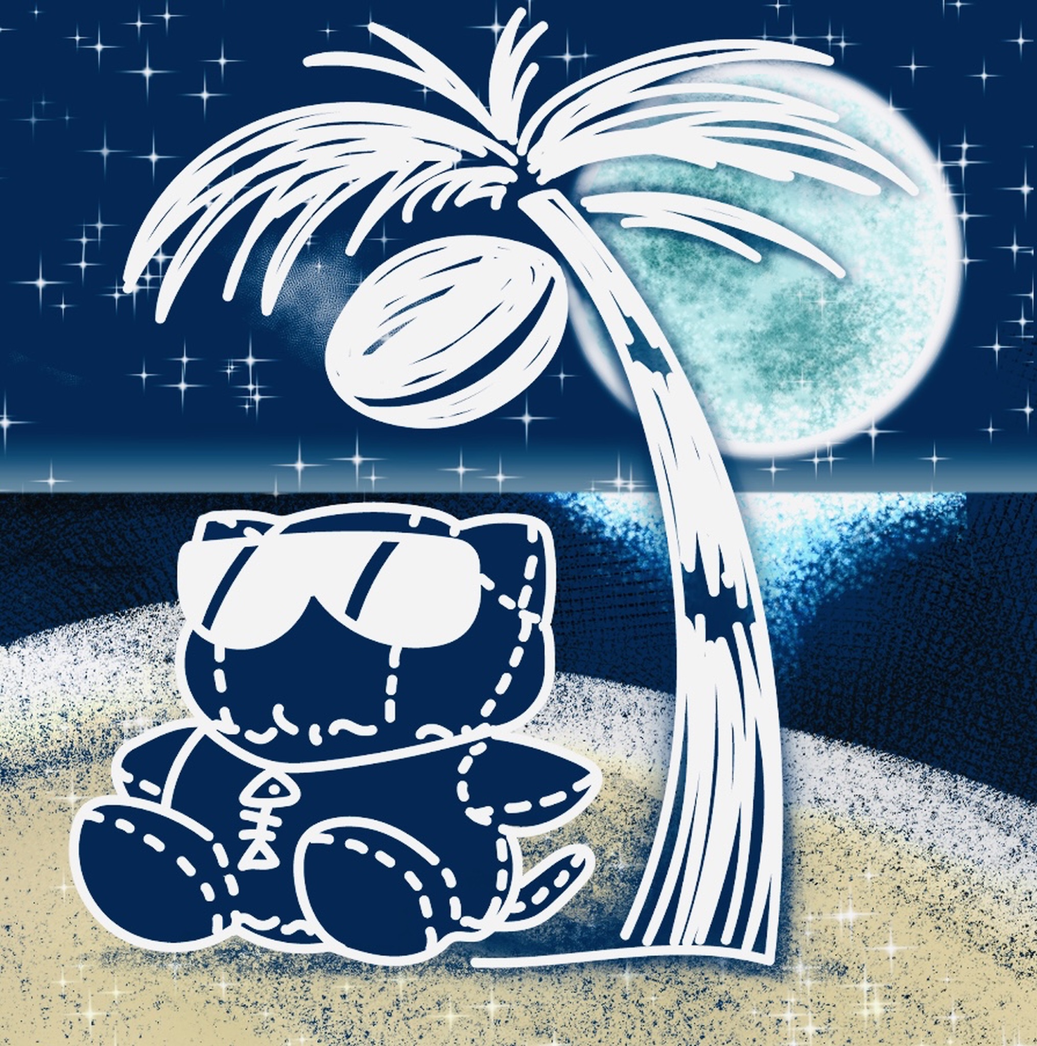 月夜の浜辺でくつろぐサングラス姿の猫のイラスト