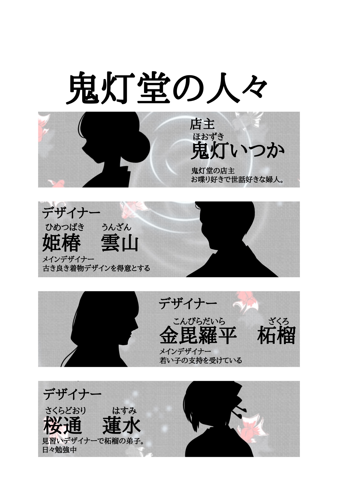 店主の鬼灯いつかと3人のデザイナーを紹介する鬼灯堂の人々